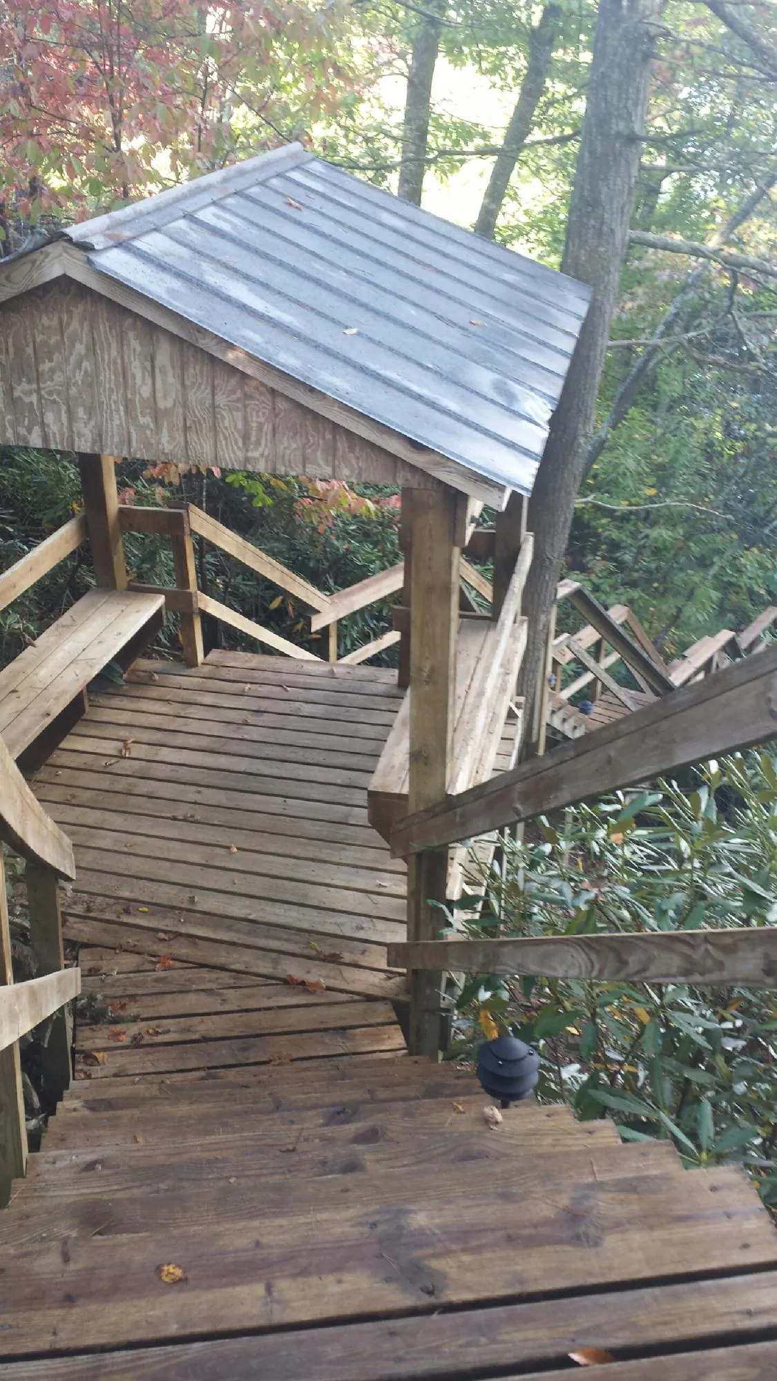 Metal roofed shelter over wooden steps on a wooded walkway — Skylight Repair & Installation work by our crew in Webster